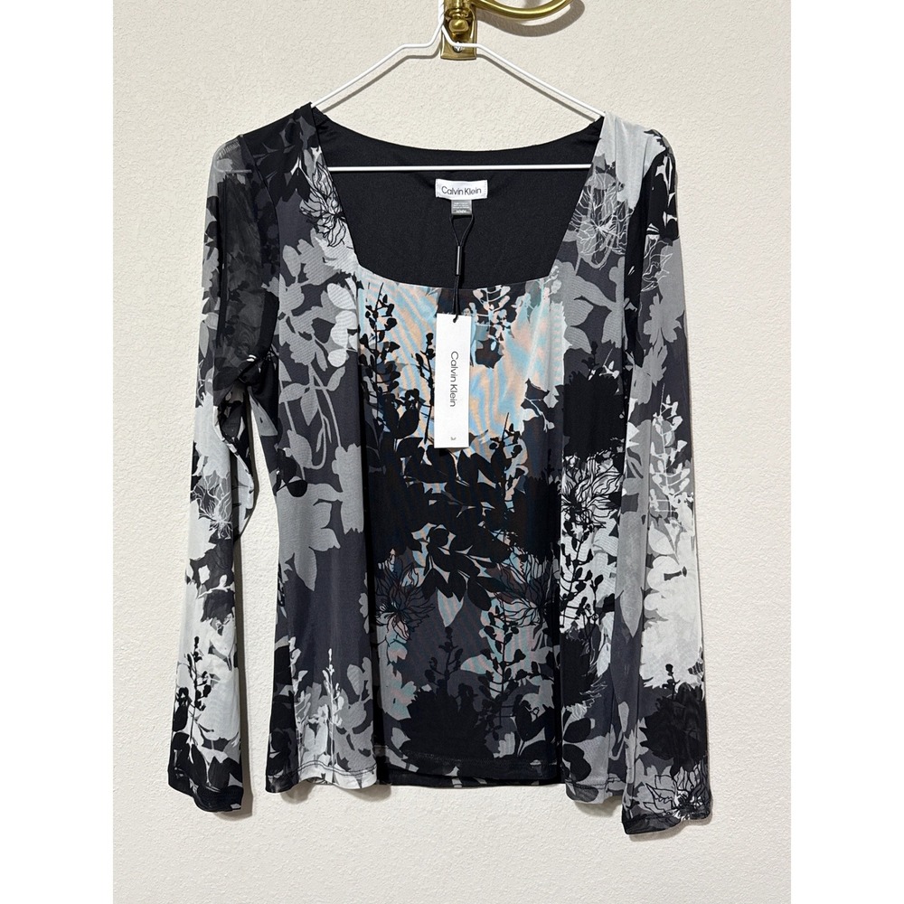 NWT Calvin‎ Klein Mesh Womens Medium Black Floral Square Neck Long Sleeve Blouse